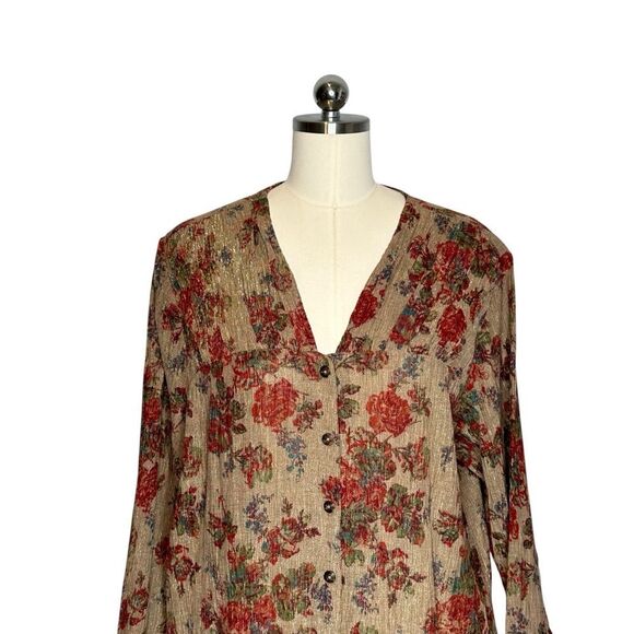 April Cornell Floral Shimmering Rose Metallic Long Duster Jacket| L - Picture 4 of 12